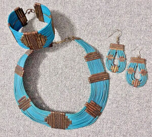 Alexis Kirk Leather Tribal Collar Necklace Bracelet Earrings Set Art to Wear VTG